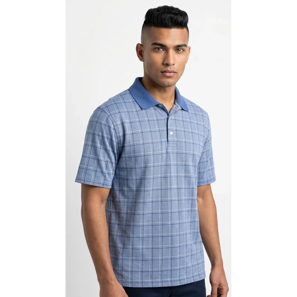 Jos A Bank Traveler Polo Shirt Mens Medium Blue Windowpane Check Short‎ Sleeve